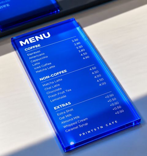 Menu de comptoir en acrylique bleu