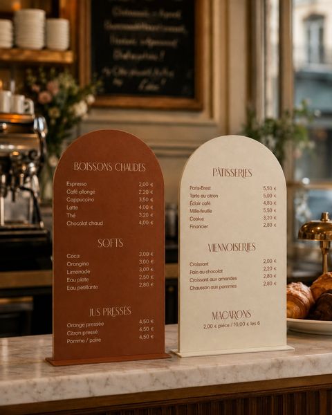 Deux présentoirs menus en arche sur un comptoir de café