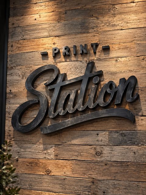Lettrage Print Station en relief sur un mur en bois